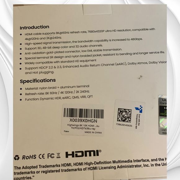 Highwings 8K  HDMI Cable 48Gbps 6.6FT/2M, Certified Ultra High Speed HDMI - Picture 5 of 5